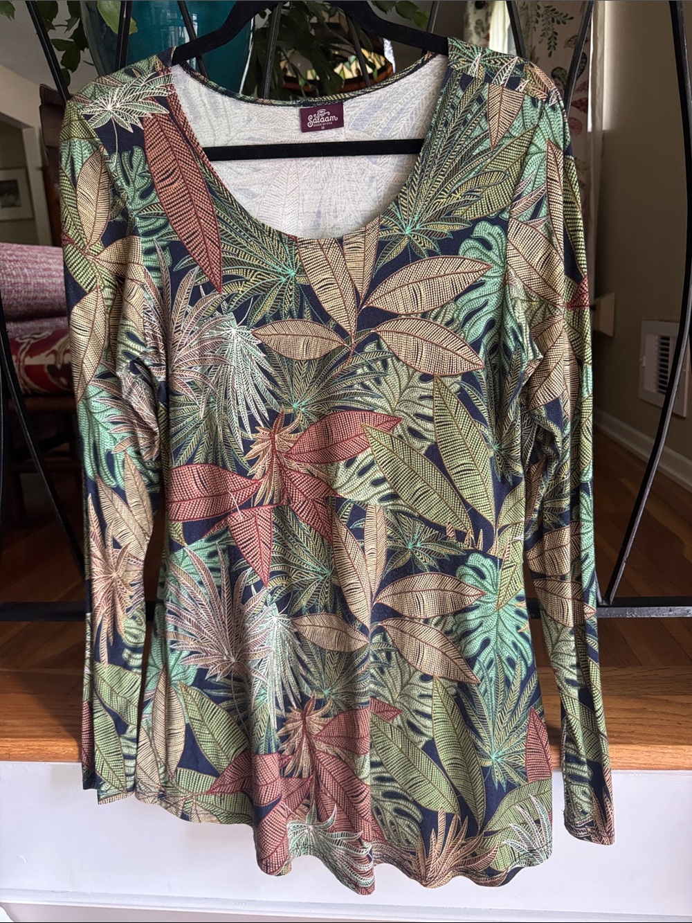 Salaam Medium Tropical Print Scoop Neck Long-Sleeve Top - Multi Green